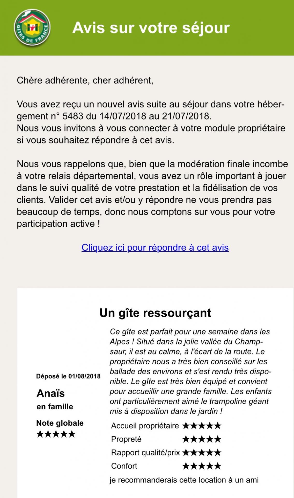 Avis gîte Le Chalet